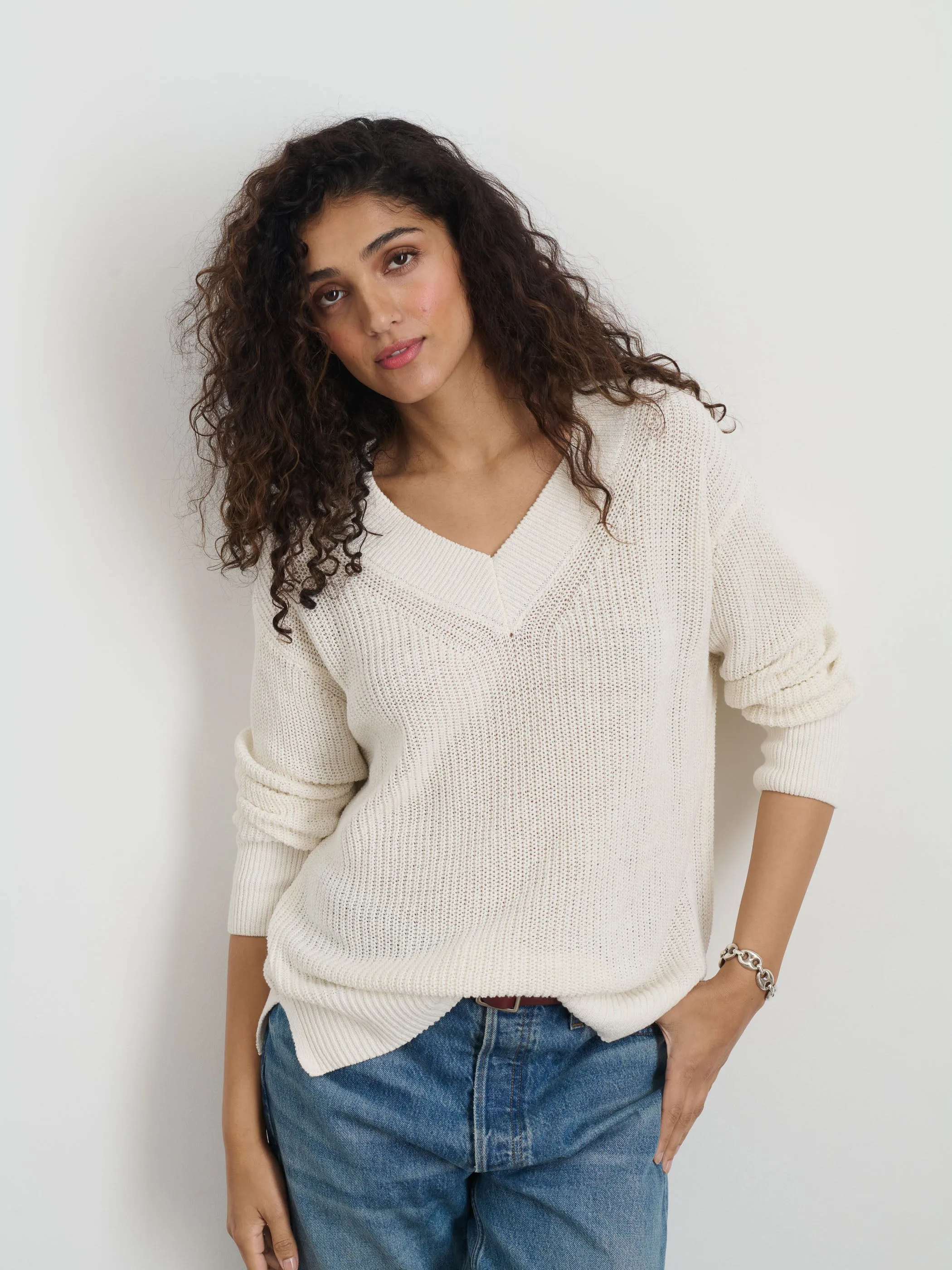 Arielle V Neck Sweater In Cotton Linen
