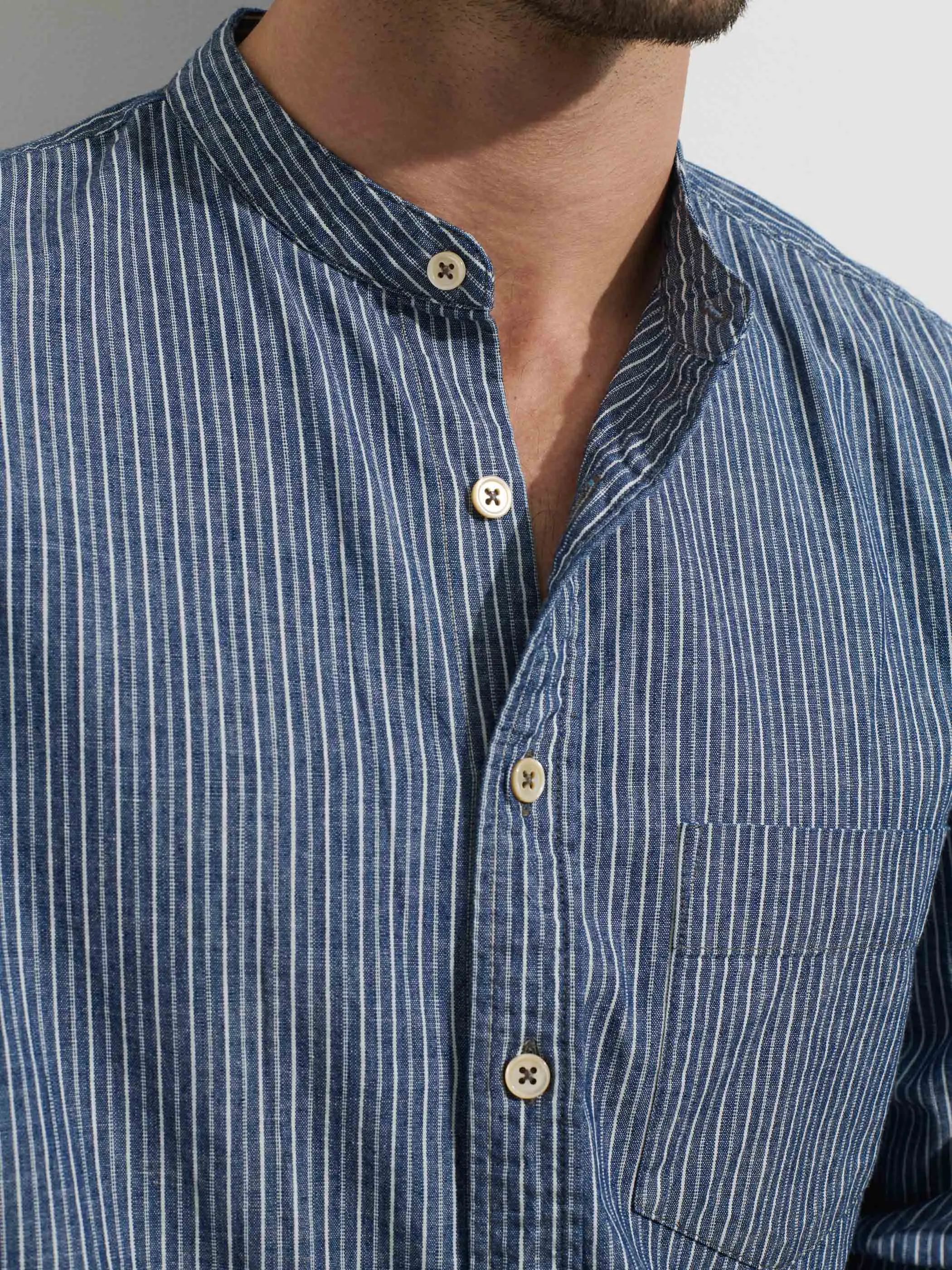OMNIGOD x Alex Mill Band Collar Shirt in Stripe